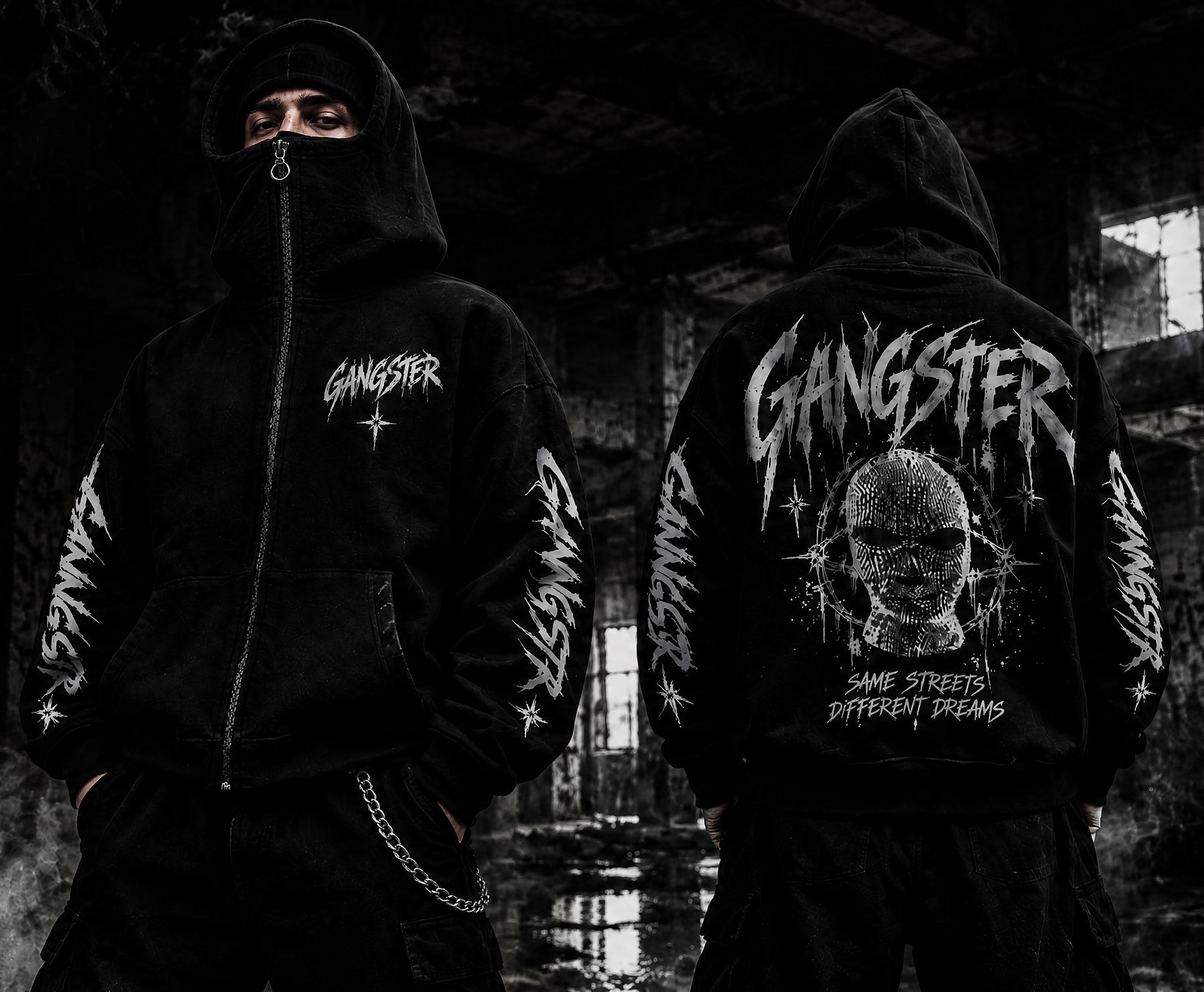 Siyah GANGSTER hoodie giyen iki model, önden ve arkadan
