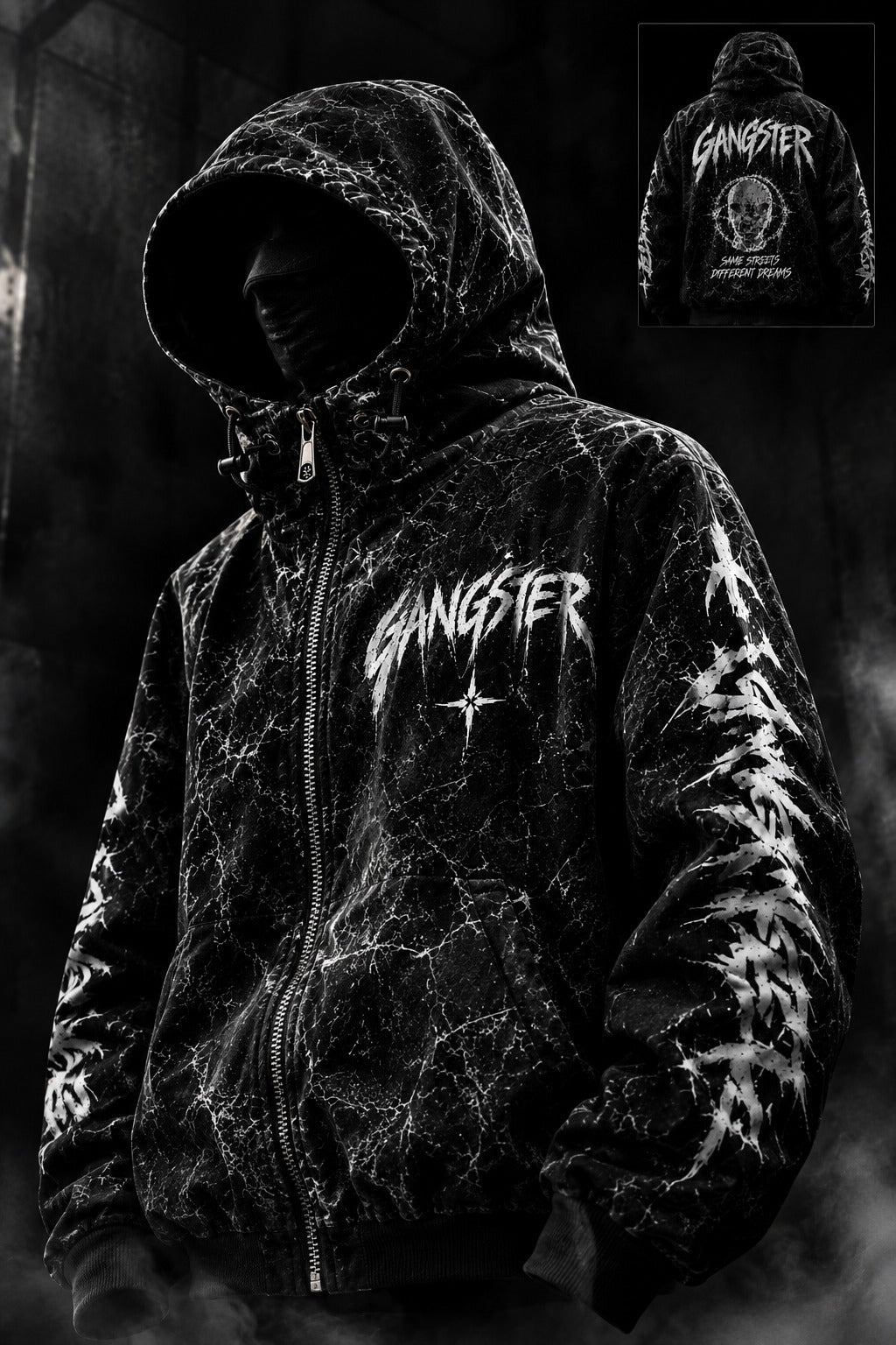 Siyah GANGSTER hoodie, göğüs ve kol baskısı