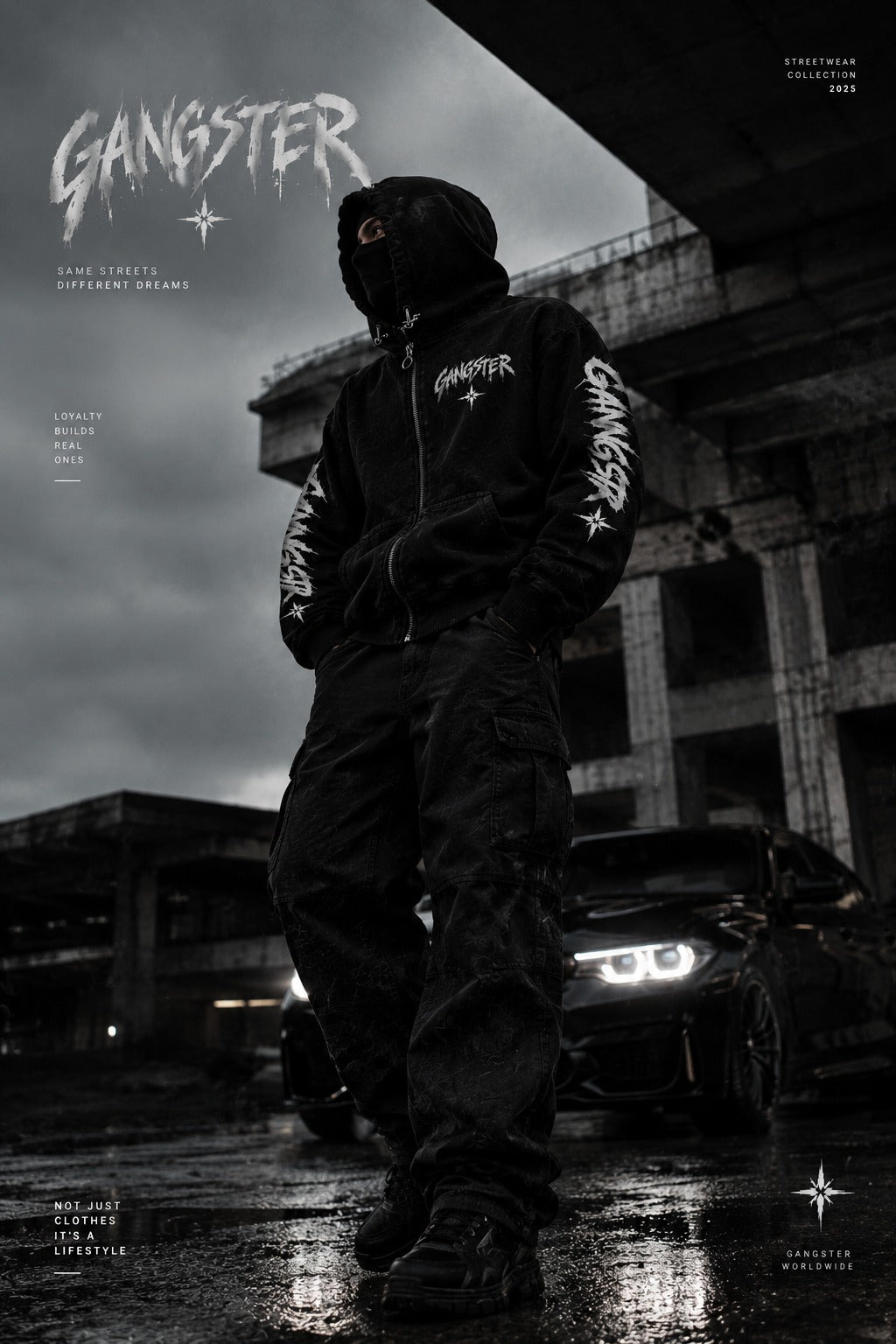 Siyah GANGSTER hoodie giyen model, beton yapı önünde