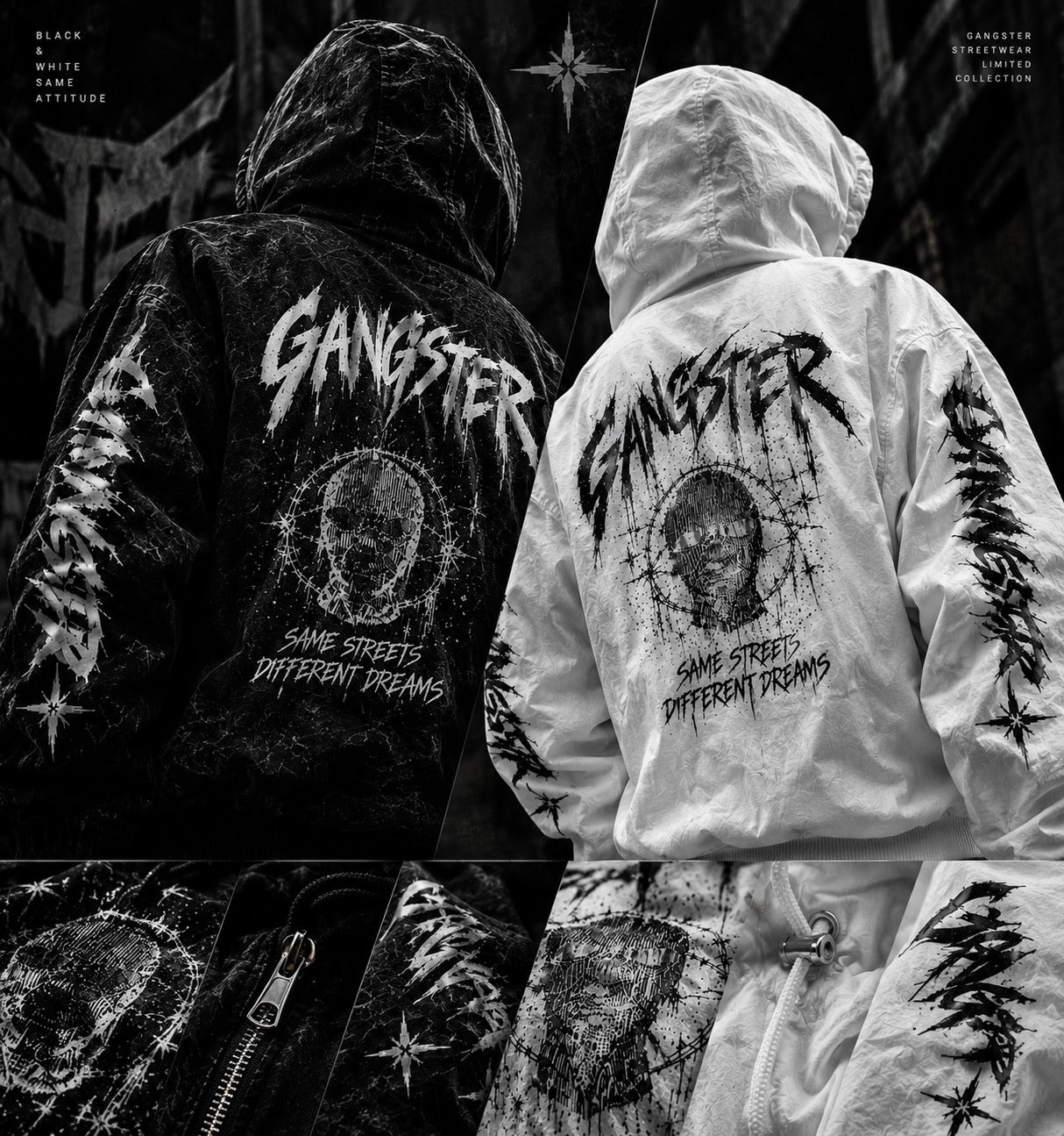 Siyah ve beyaz GANGSTER hoodie sırt baskıları yan yana