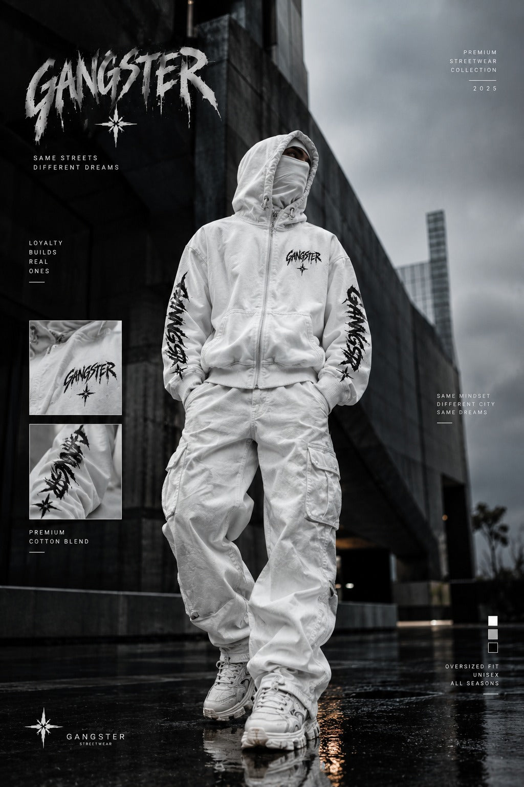 Beyaz GANGSTER hoodie giyen model, şehirde