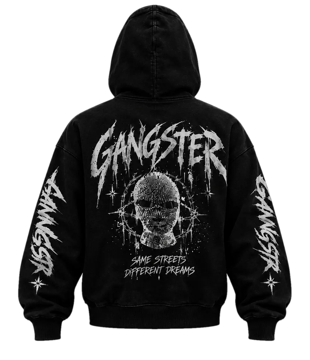 Siyah GANGSTER fermuarlı hoodie, arkadan