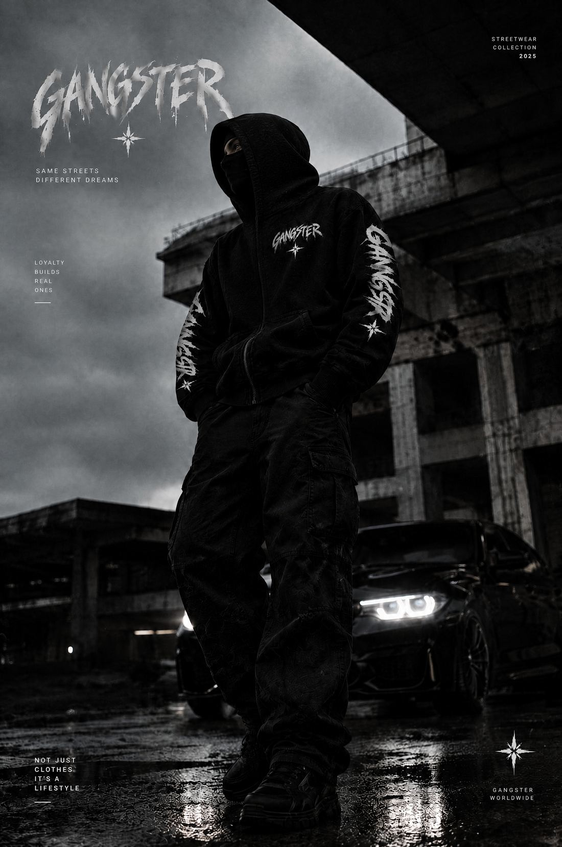 Siyah GANGSTER hoodie giyen model, yağmurlu sokakta